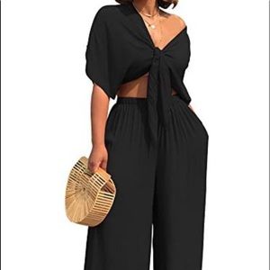 Aro Lora Women's 2 Piece Jumpsuit Ruched Sleeveless Crop Top Wide Leg Pant Set